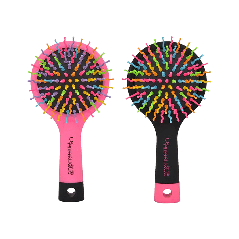 Two Angel Airbrush Medium round paddle hairbrushes with black and pink handles and multicolored wavy bristles are displayed side by side on a white background.
