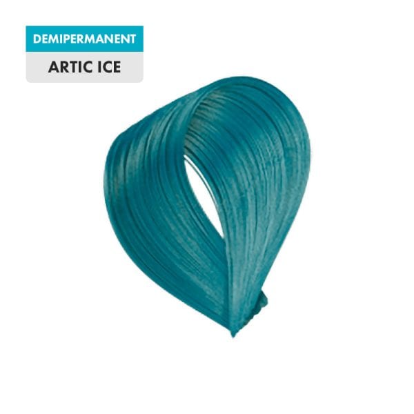 A swatch of demi-permanent teal-blue hair color, “Artic Ice,” shown on a plain background.