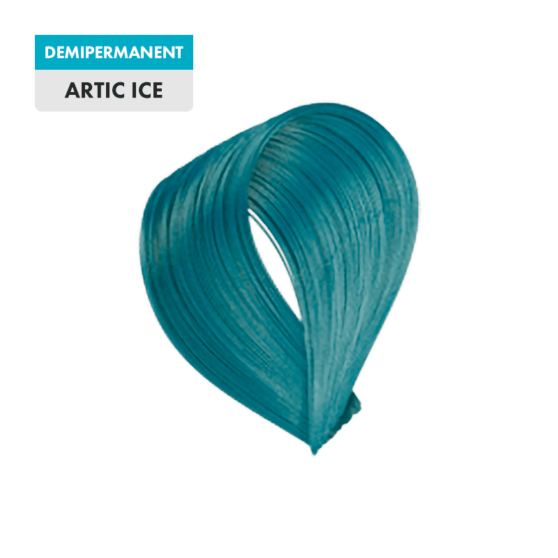 A swatch of demi-permanent teal-blue hair color, “Artic Ice,” shown on a plain background.