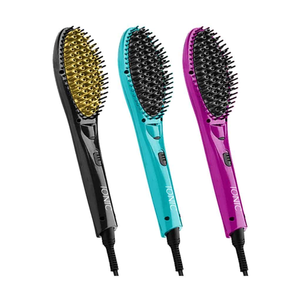 Three BB Ionic Hair Straightener Brushes in black, blue, and purple are displayed side by side on a transparent background.