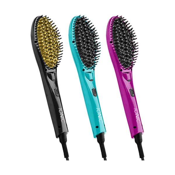 Three BB Ionic Hair Straightener Brushes in black, blue, and purple are displayed side by side on a transparent background.