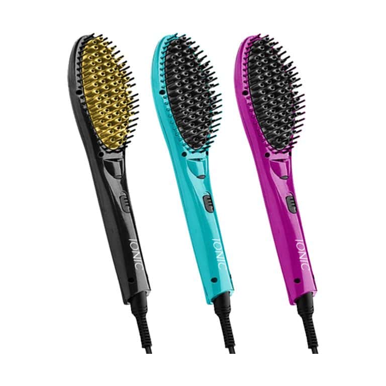 Three BB Ionic Hair Straightener Brushes in black, blue, and purple are displayed side by side on a transparent background.