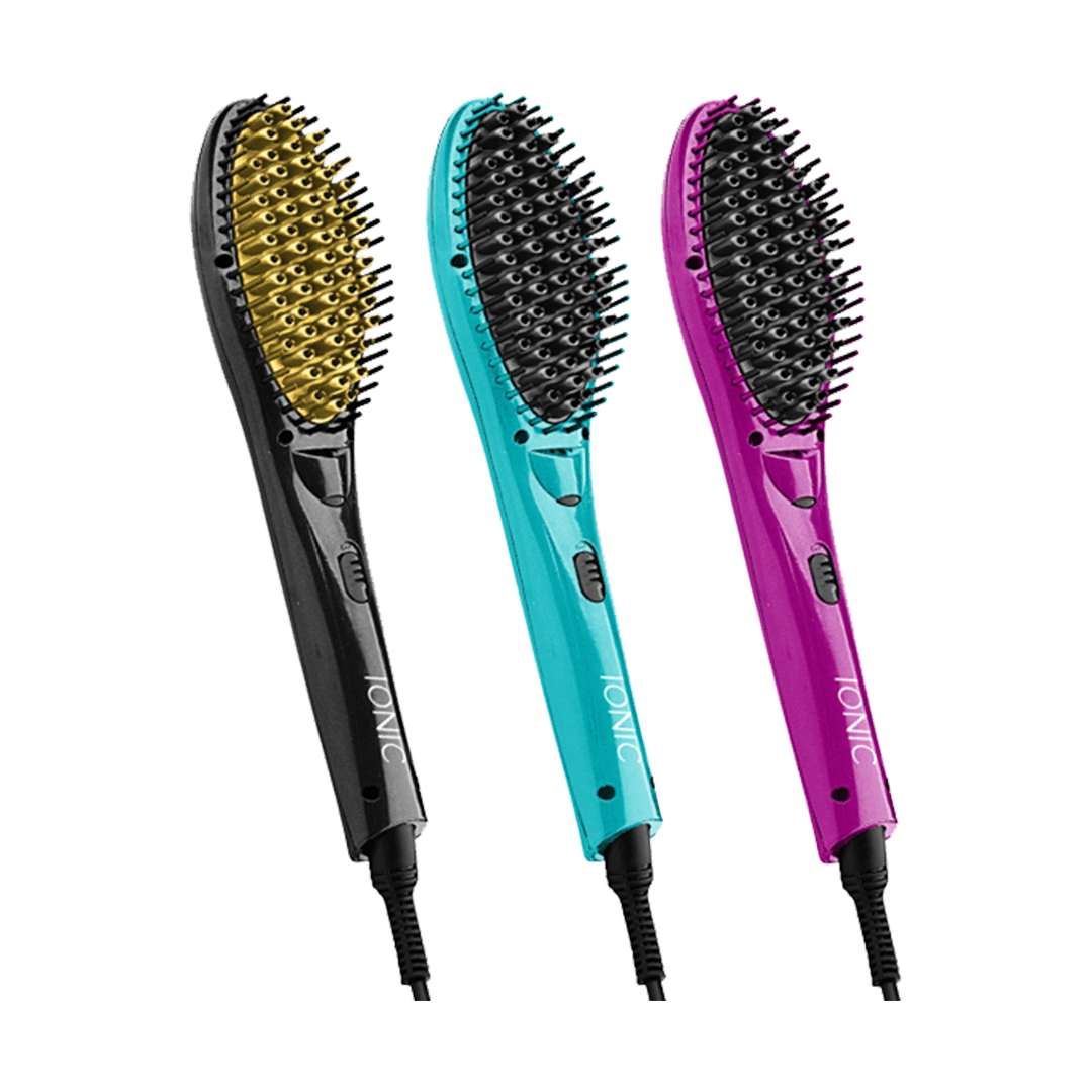 Three BB Ionic Hair Straightener Brushes in black, blue, and purple are displayed side by side on a transparent background.