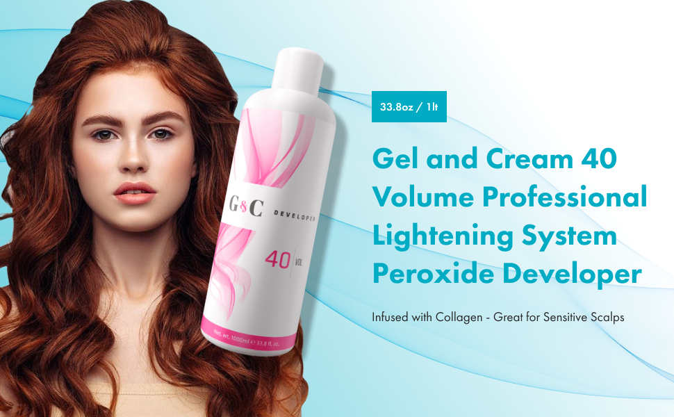 A woman with wavy auburn hair stands next to a bottle of G&C Cream Developer 40 Volume, with product details shown on a blue background.