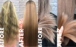 Side-by-side comparison of hair before and after using Silk Touch Plus Keratin, highlighting the change from frizzy, wavy hair to smooth, straight, and shiny results.