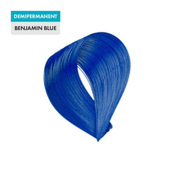 A swatch of Benjamin Blue hair dye, a vibrant demipermanent shade, is displayed on a plain background.