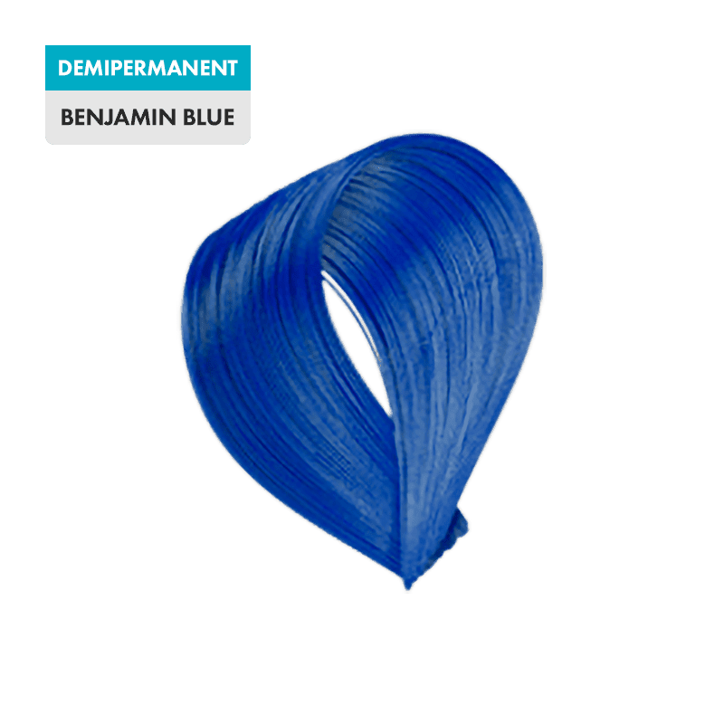 A swatch of Benjamin Blue hair dye, a vibrant demipermanent shade, is displayed on a plain background.