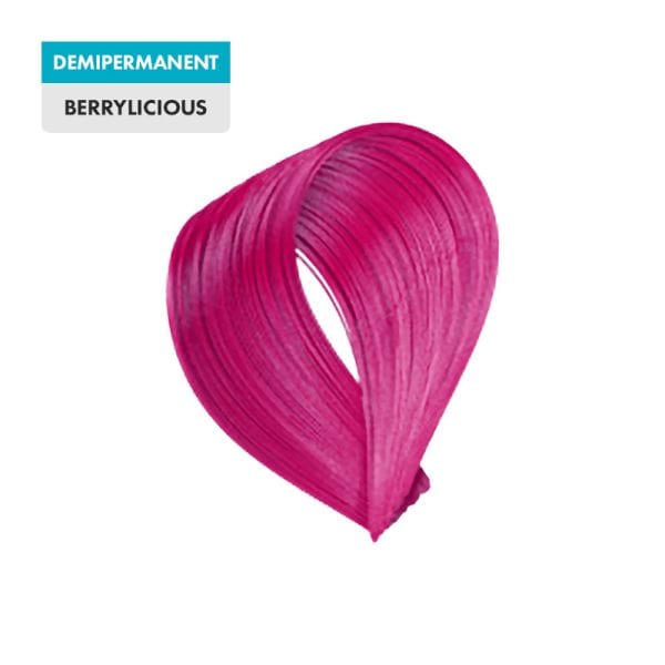 A swatch of magenta hair labeled "DEMIPERMANENT" and the product name "Berrylicious" is shown against a plain background.