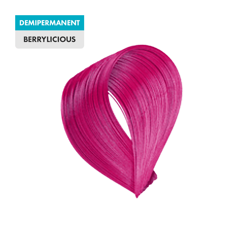 A swatch of magenta hair labeled "DEMIPERMANENT" and the product name "Berrylicious" is shown against a plain background.