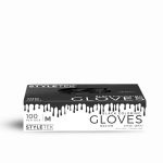 A box of Black Deluxe Vinyl Gloves - Powder Free, size medium, contains 100 latex-free gloves per box—ideal for professional use.