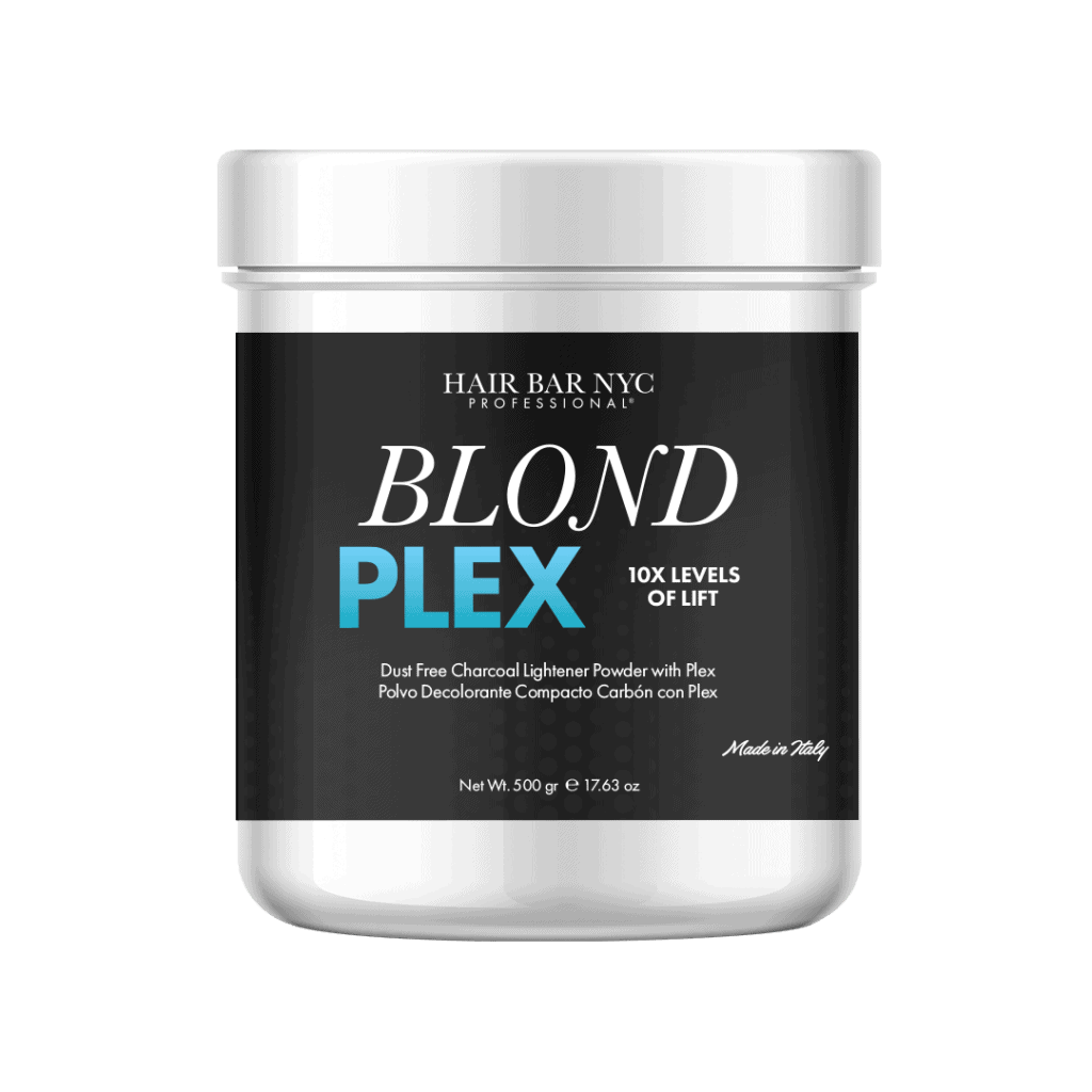 A 500g white plastic jar labeled "Blond Plex Charcoal Lightener Powder" by Hair Bar NYC contains dust-free charcoal lightener powder with Plex.