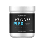 A 500g white plastic jar labeled "Blond Plex Charcoal Lightener Powder" by Hair Bar NYC contains dust-free charcoal lightener powder with Plex.