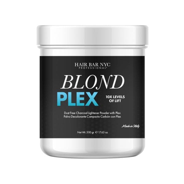 A 500g white plastic jar labeled "Blond Plex Charcoal Lightener Powder" by Hair Bar NYC contains dust-free charcoal lightener powder with Plex.