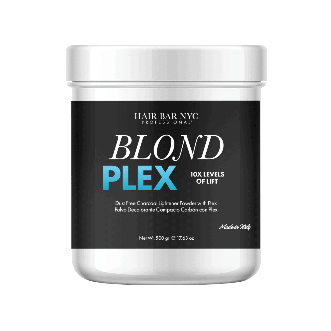 A 500g white plastic jar labeled "Blond Plex Charcoal Lightener Powder" by Hair Bar NYC contains dust-free charcoal lightener powder with Plex.