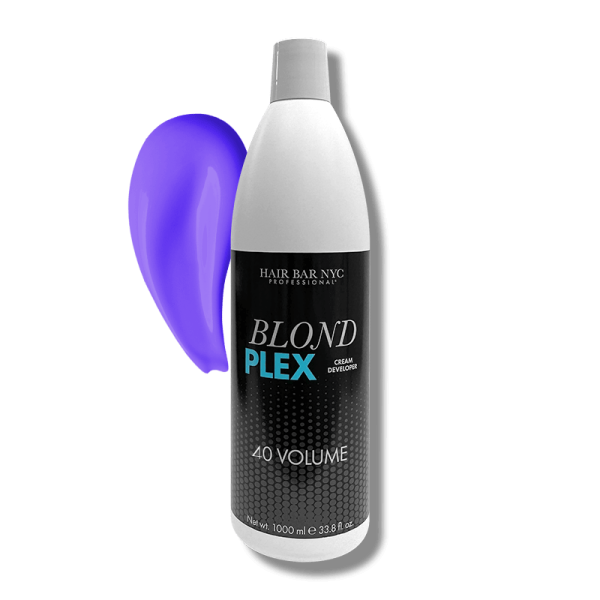 A bottle of Blond Plex Violet Developer 40 Volume is displayed next to a swatch of vibrant purple hair product.