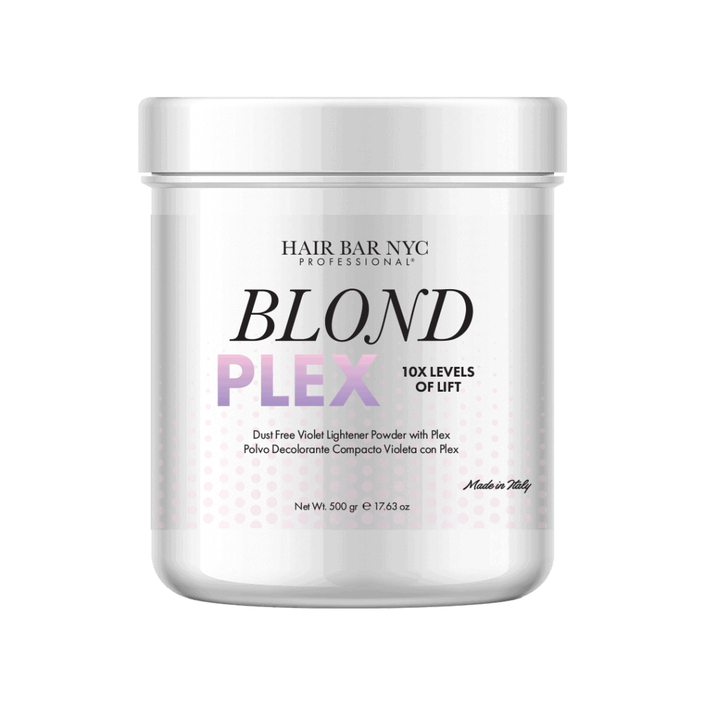 A 500g white container labeled "Blond Plex Violet Lightener Powder," a dust-free violet lightener with Plex, made in Italy.