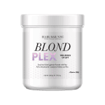 A 500g white container labeled "Blond Plex Violet Lightener Powder," a dust-free violet lightener with Plex, made in Italy.