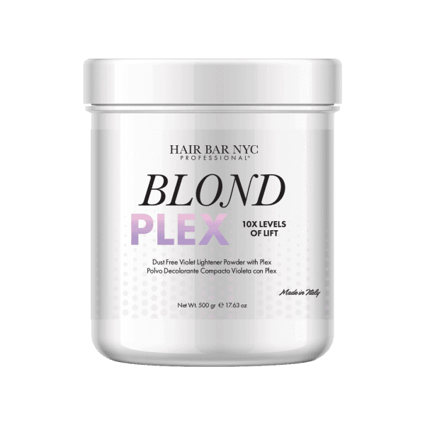 A 500g white container labeled "Blond Plex Violet Lightener Powder," a dust-free violet lightener with Plex, made in Italy.