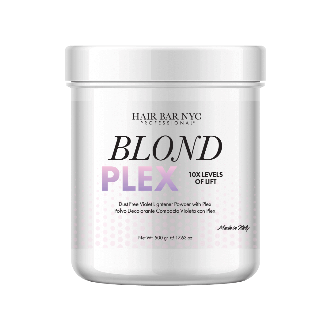 A 500g white container labeled "Blond Plex Violet Lightener Powder," a dust-free violet lightener with Plex, made in Italy.
