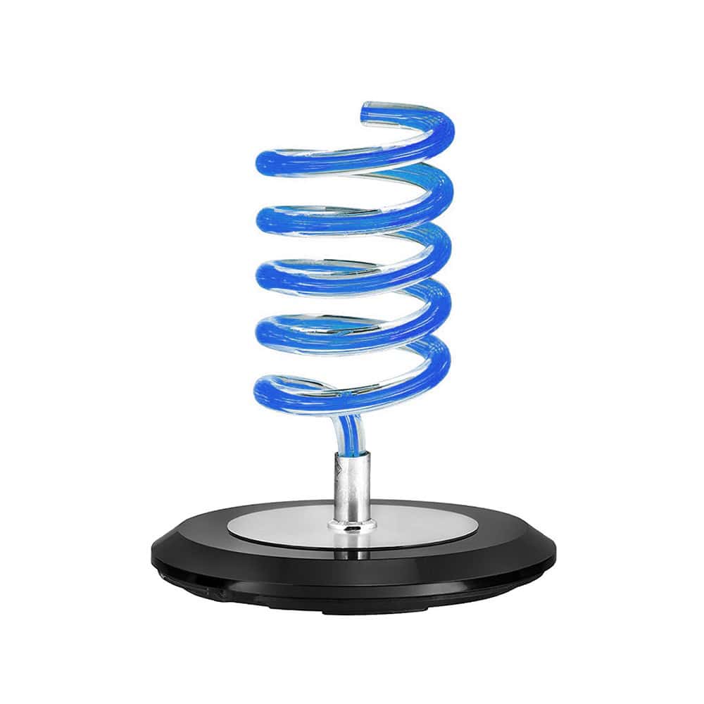 A coiled blue glass tube mounted vertically on a round black and silver base, designed as the Blow Dryer Holder - Countertop, offering a modern decorative look for organizing your blow dryer.