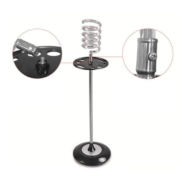 Blow Dryer Holder - Stand featuring a metal spiral top, round base, and detailed close-up insets of the screw and connector structure.