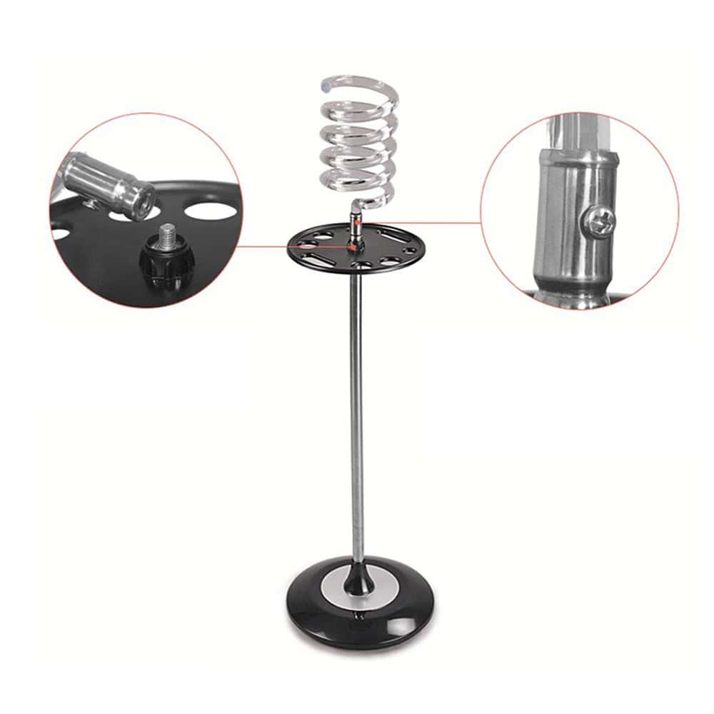 Blow Dryer Holder - Stand featuring a metal spiral top, round base, and detailed close-up insets of the screw and connector structure.