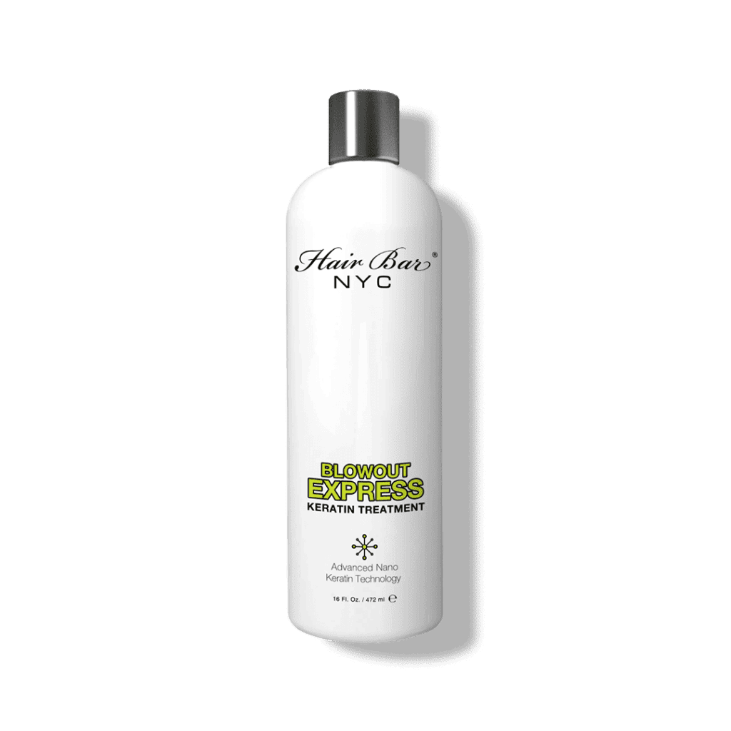 A white bottle of Blowout Express Keratin with a silver cap, featuring black and yellow text on the label.