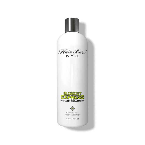 A white bottle of Blowout Express Keratin with a silver cap, featuring black and yellow text on the label.