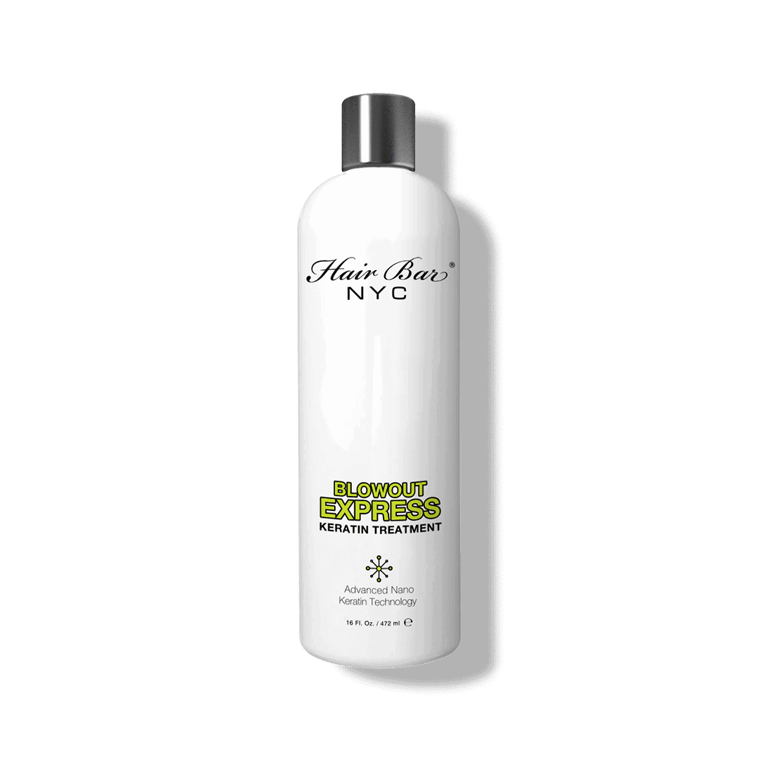 A white bottle of Blowout Express Keratin with a silver cap, featuring black and yellow text on the label.