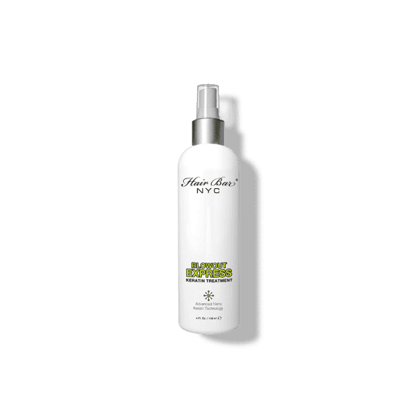 A white spray bottle labeled “Hair Bar NYC Blowout Express Keratin Treatment” with a gray pump cap, photographed on a plain background.