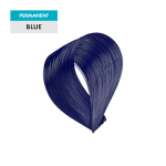 A swatch of the "Blue" permanent hair dye is displayed as a smooth, glossy blue strand loop.