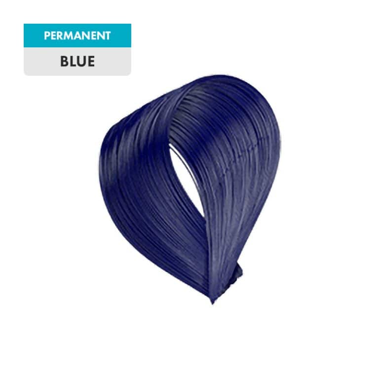 A swatch of the "Blue" permanent hair dye is displayed as a smooth, glossy blue strand loop.