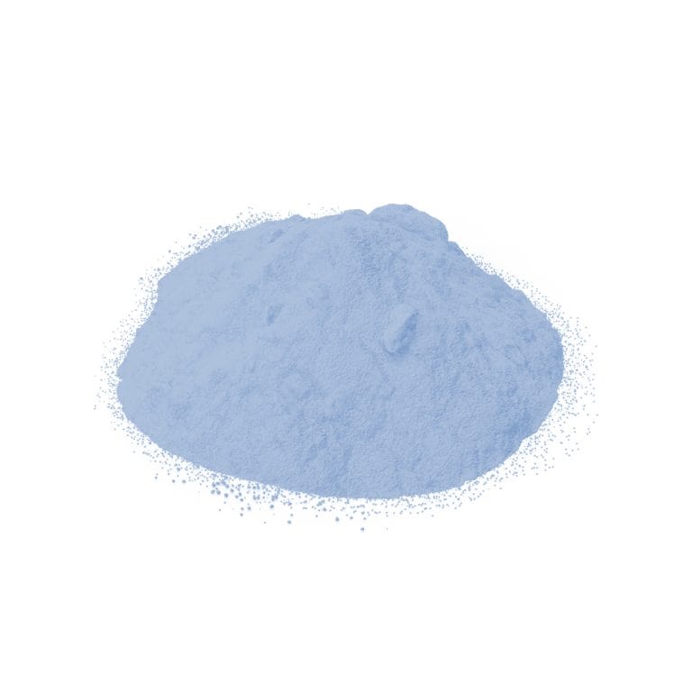 A mound of Perfect Blond Blue Lightener Powder in a soft blue hue is spread on a white background.