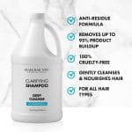 A white gallon bottle of Clarifying Shampoo Gallon is shown, highlighting its anti-residue formula, 95% removal of product buildup, cruelty-free status, and suitability for all hair types.