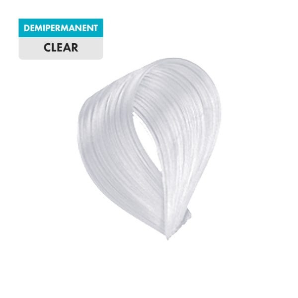 A swatch of the hair color product named "Clear" is shown with a label that reads "DEMIPERMANENT CLEAR" on a transparent background.