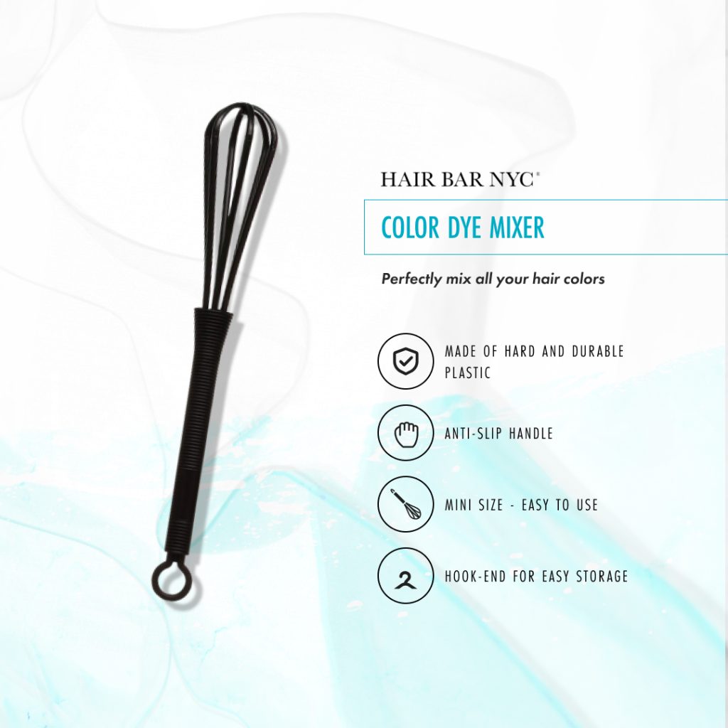 The Color Dye Mixer, a black plastic tool with an anti-slip handle and hook-end, is shown with its features described on a white and blue background.