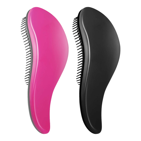 Two Detangler Brushes are shown side by side, one pink and one black, each featuring fine bristles and an ergonomic handle.