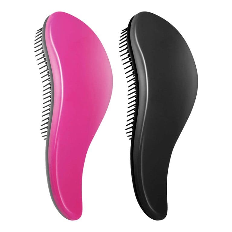 Two Detangler Brushes are shown side by side, one pink and one black, each featuring fine bristles and an ergonomic handle.