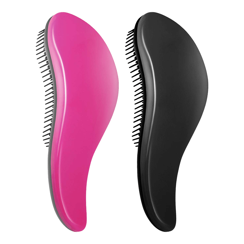 Two Detangler Brushes are shown side by side, one pink and one black, each featuring fine bristles and an ergonomic handle.