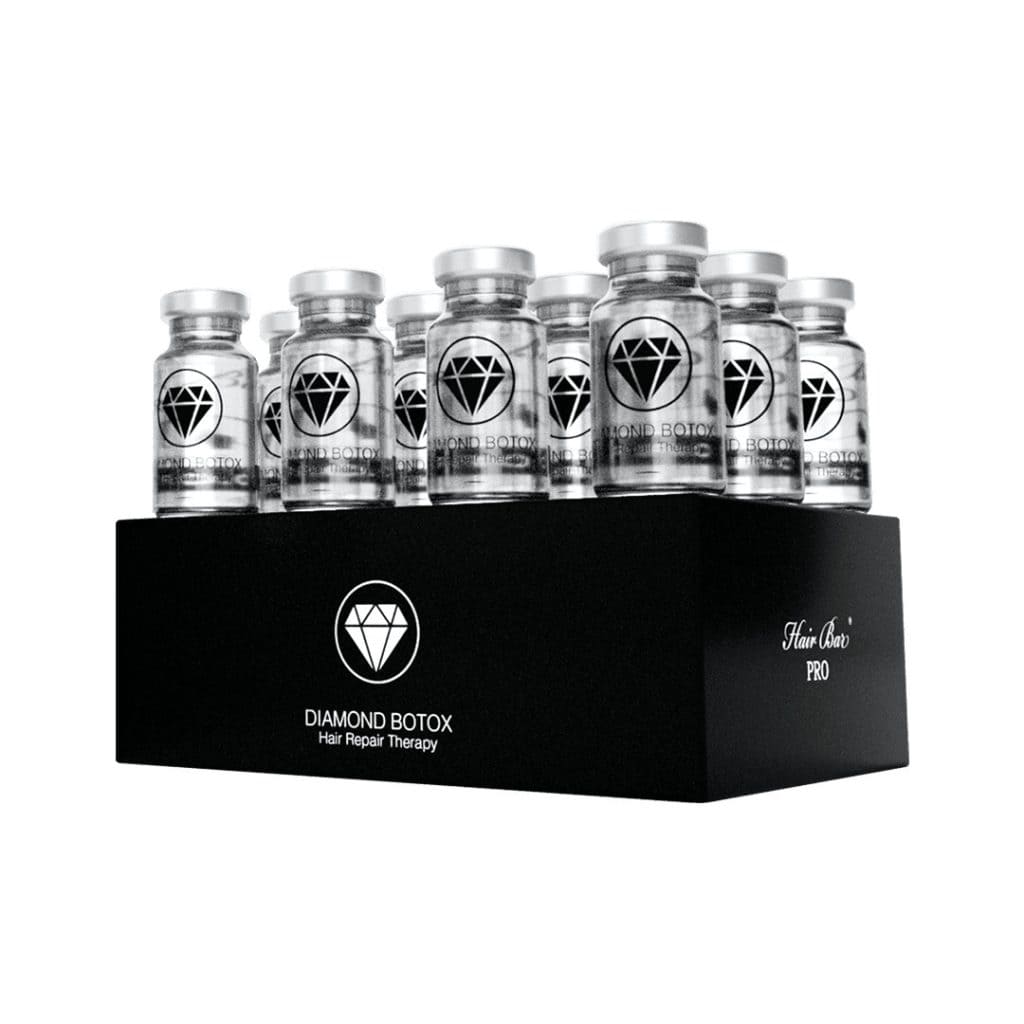 A black box labeled "Diamond Botox Hair Repair Treatment Box" contains twelve clear vials with silver caps and diamond botox logos, arranged in three neat rows.