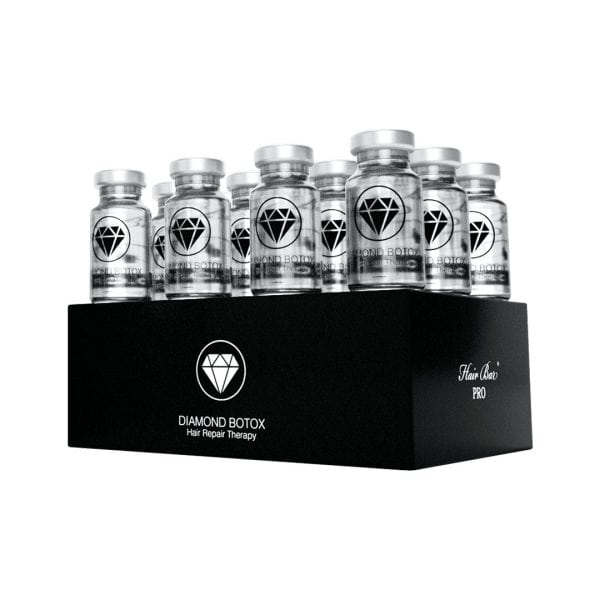 A black box labeled "Diamond Botox Hair Repair Treatment Box" contains twelve clear vials with silver caps and diamond botox logos, arranged in three neat rows.