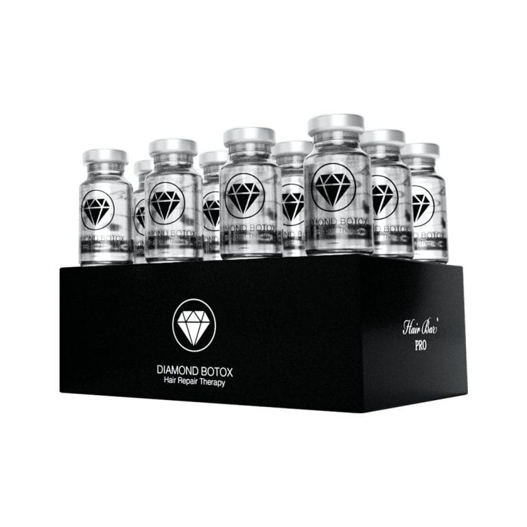 A black box labeled "Diamond Botox Hair Repair Treatment Box" contains twelve clear vials with silver caps and diamond botox logos, arranged in three neat rows.