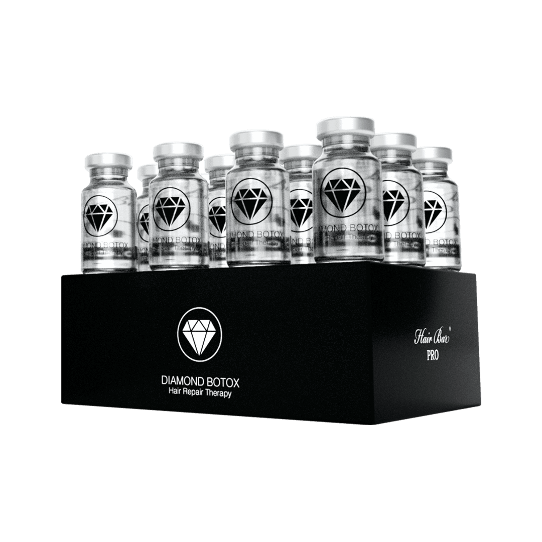 A black box labeled "Diamond Botox Hair Repair Treatment Box" contains twelve clear vials with silver caps and diamond botox logos, arranged in three neat rows.