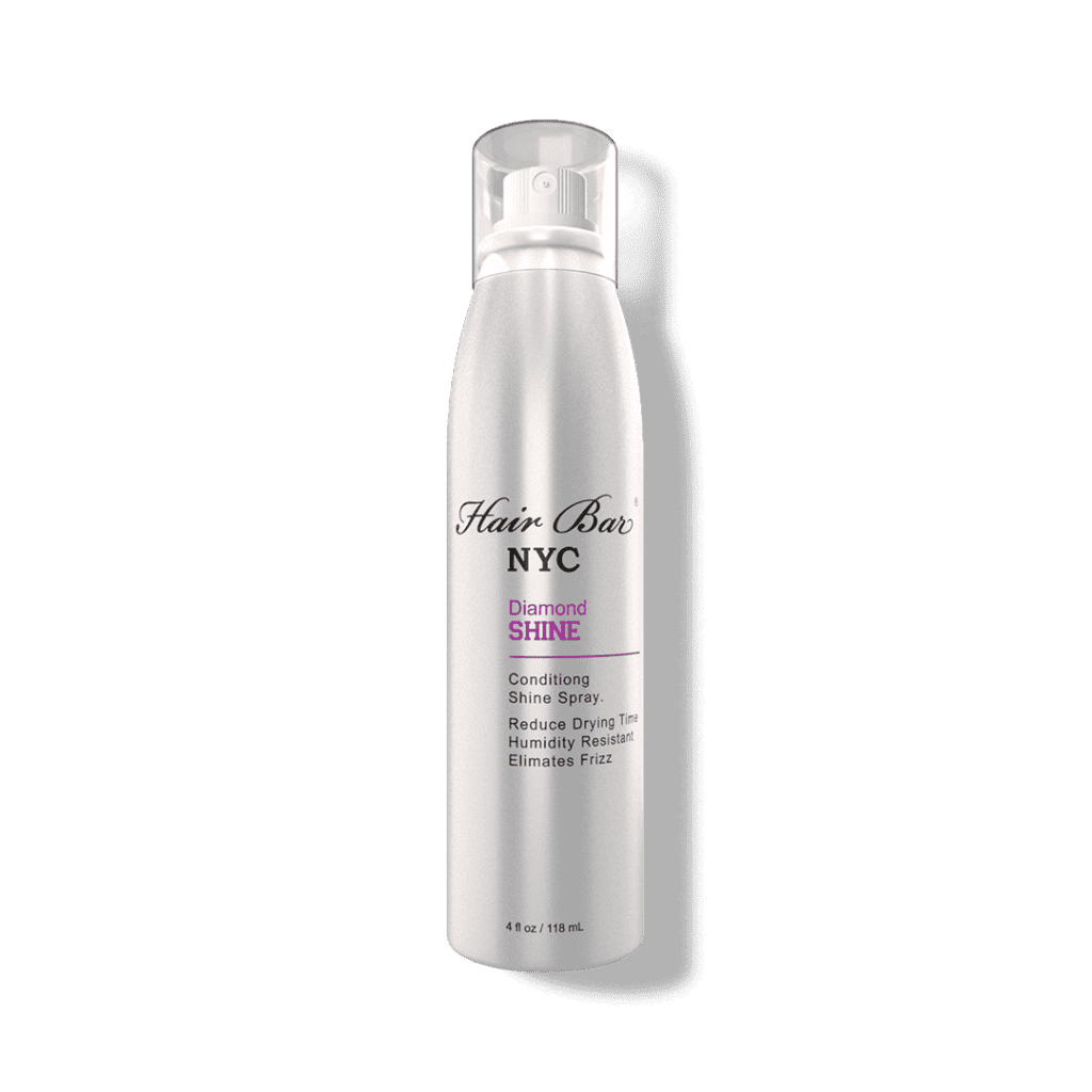 A silver aerosol can of Diamond Shine spray from Hair Bar NYC, featuring product details and a clear plastic cap.
