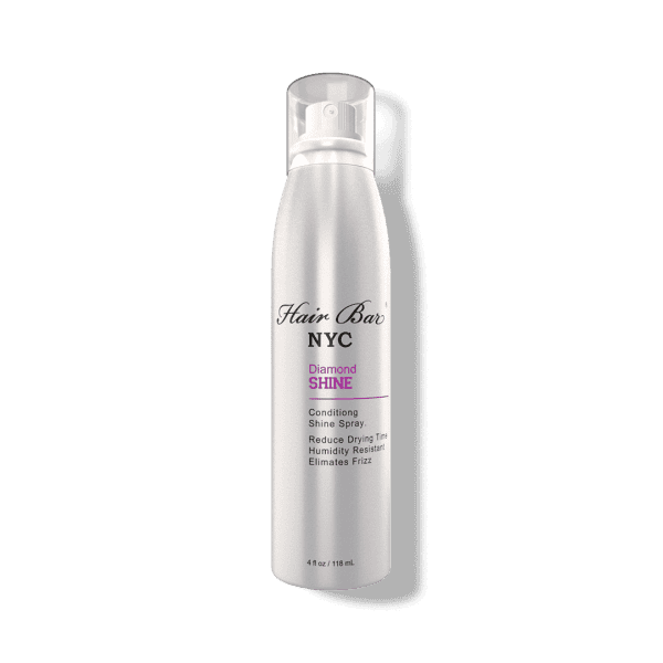 A silver aerosol can of Diamond Shine spray from Hair Bar NYC, featuring product details and a clear plastic cap.