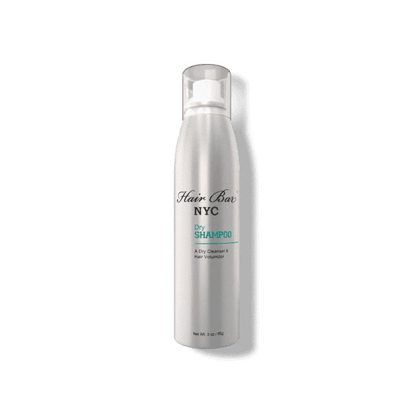 A silver aerosol can of Hair Bar NYC Dry Shampoo with a clear plastic cap stands upright on a plain background.