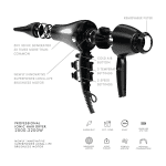 Exploded view of the ORYA Professional Ionic Hair Dryer in black, displaying labeled internal features such as a 5X ionic generator, brushless motor, and control buttons.