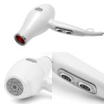The ORYA Professional Ionic Hair Dryer is displayed from various angles, showcasing its powerful heating element, rear air filter, and a close-up of the control buttons on the handle.