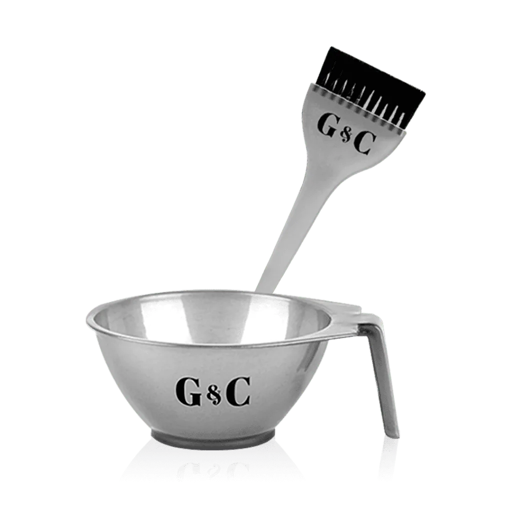 The G&C Bowl & Brush set features a metal mixing bowl with a handle and a matching brush, both labeled "G&C," displayed upright against a plain background.