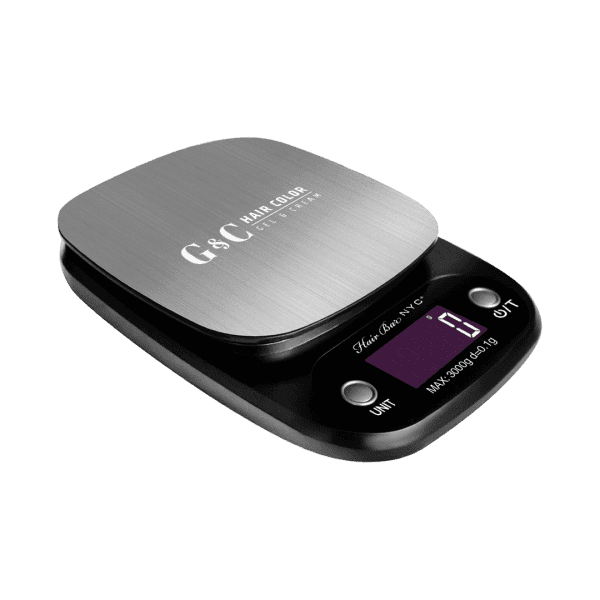 The G&C Digital Color Scale features a brushed metal surface, black base, LCD display showing "0", and buttons labeled UNIT and ON/T.